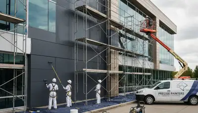 Professional commercial building painters in Charlotte, NC applying durable exterior coatings