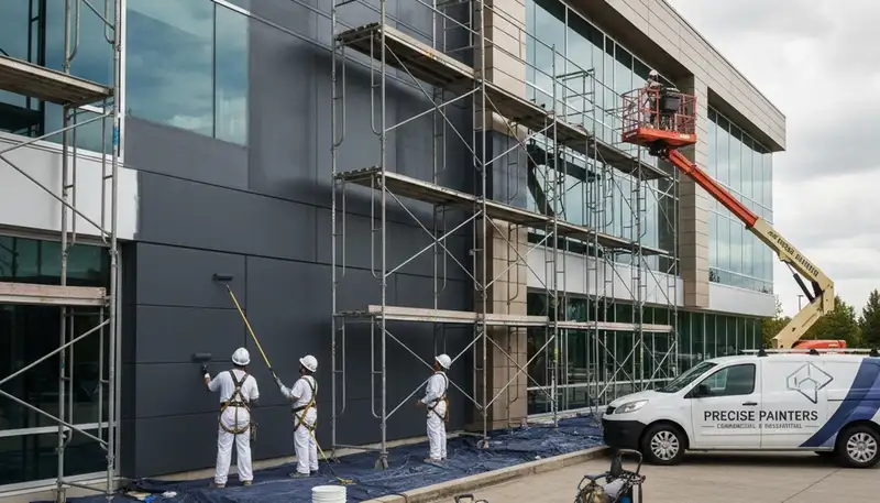 Professional commercial building painters in Charlotte, NC applying durable exterior coatings