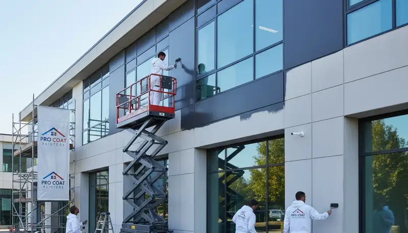 Professional commercial painters coating office exterior in Charlotte, NC for durable business appeal