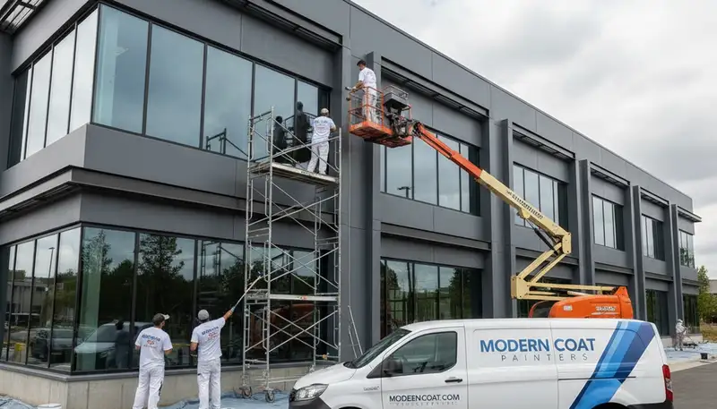 Professional commercial painting team coating office exterior in Charlotte, NC