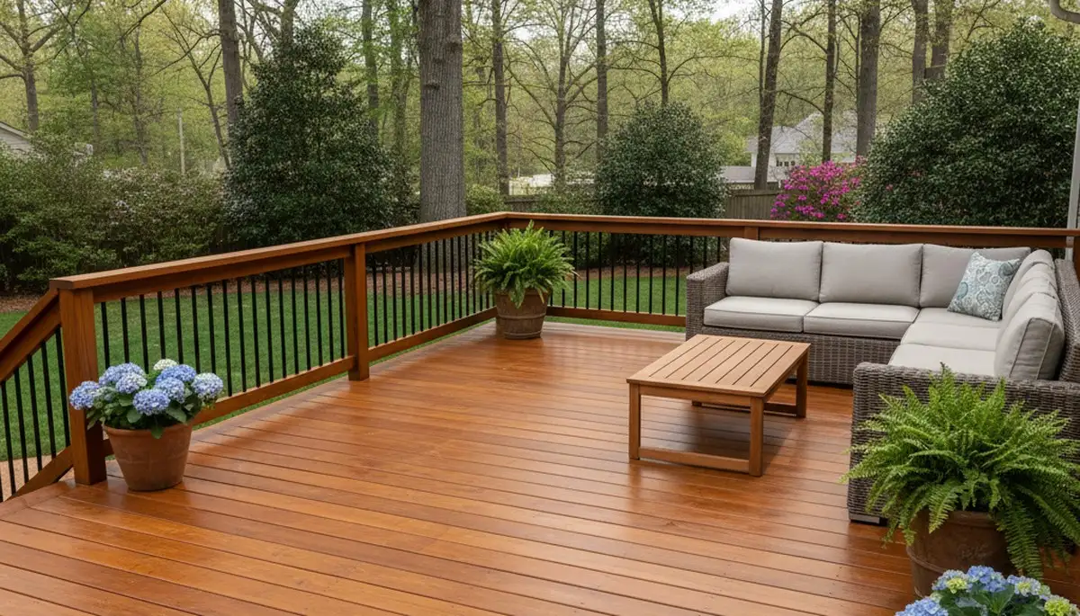 Finished deck staining in Charlotte NC showing rich wood color and durable weather-resistant finish