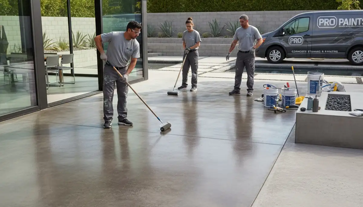 Professional concrete staining on patio surface in Charlotte NC by exteriorpaintingcharlottenc.com
