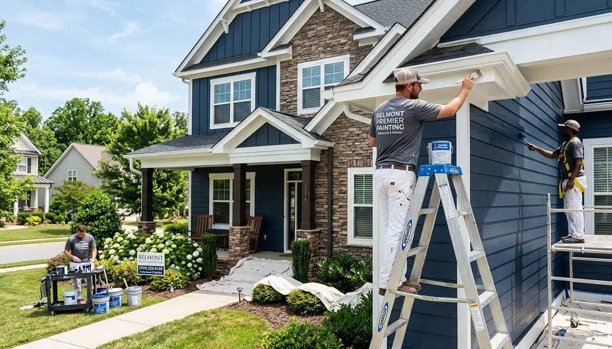 Professional exterior house painters working on residential home in Charlotte, NC