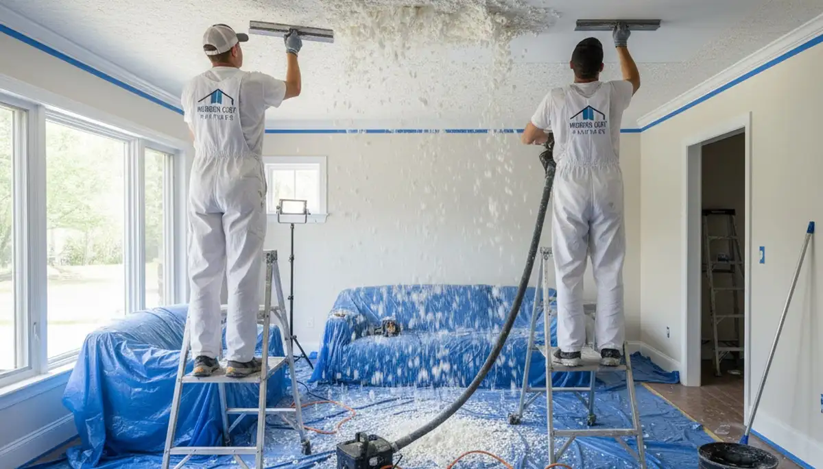 Professional popcorn ceiling removal in Charlotte, NC creating smooth, modern interior ceilings