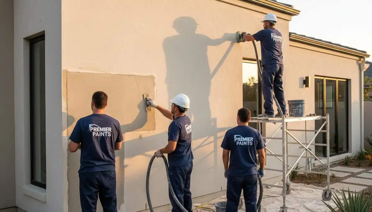 Professional stucco repair on Charlotte NC home exterior by local painting and restoration experts