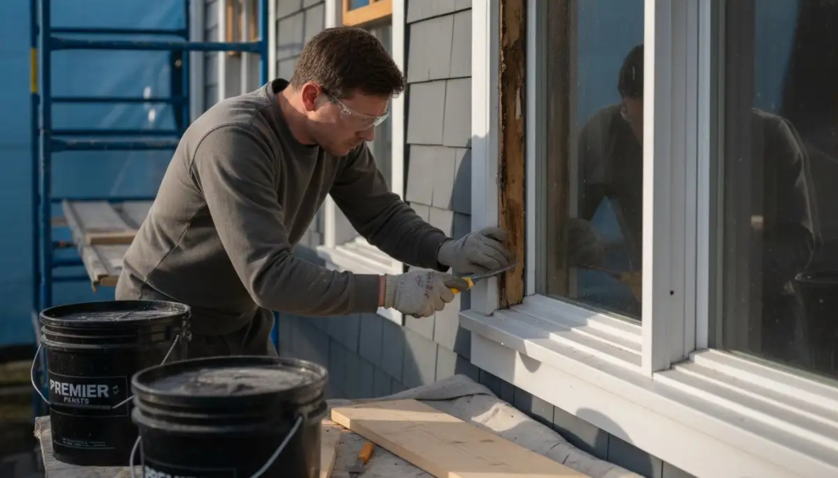 Wood rot repair and exterior painting on Charlotte NC home siding by professional restoration team
